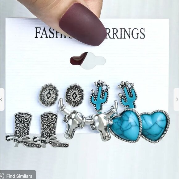 Gift Set Of 6 Western Earrings Imitation Turquoise Silver Tone - Picture 1 of 1